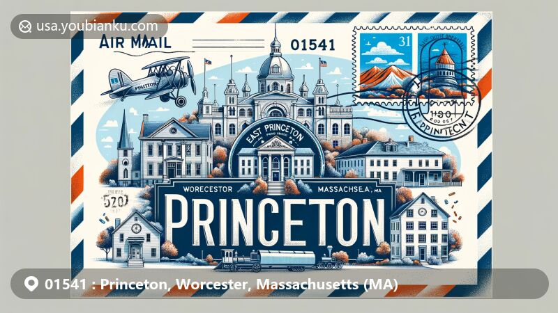 Modern illustration of Princeton, Worcester County, Massachusetts, showcasing postal theme with ZIP code 01541, featuring historic landmarks and industrial heritage, including Mount Wachusett stamp and Princeton, MA postmark.
