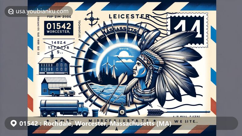 Modern illustration of Rochdale, Worcester, Massachusetts (MA), showcasing postal theme with ZIP code 01542, featuring state flag with blue shield on white background, depicting a peaceful Algonquin Native American with bow and arrow, representing the town's history. Elements symbolizing textile industry and Leicester's role in the American Revolutionary War are integrated, along with postal elements like stamps, postmark, mailbox, postal code, and mail truck, cleverly arranged in a captivating composition.