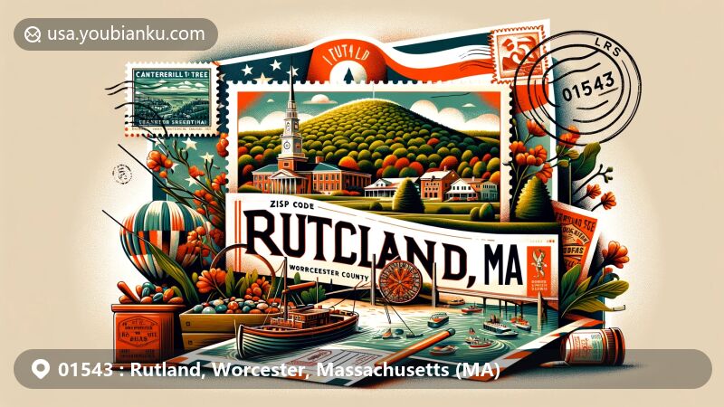 Modern illustration of Rutland, Worcester County, Massachusetts, featuring postal theme with ZIP code 01543, showcasing Rice Hill and cultural events like Independence Day celebration and Central Tree Chowder Chili Challenge.