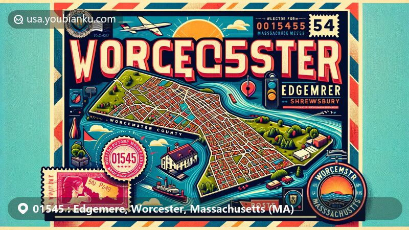 Modern illustration of Edgemere, Worcester County, Massachusetts, showcasing postal theme with ZIP code 01545, featuring stylized map of Worcester County and iconic Massachusetts symbols.