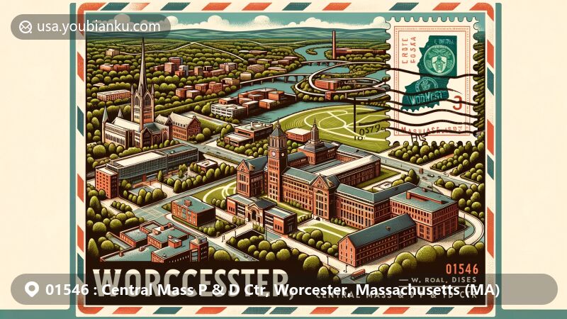 Modern illustration of Central Mass P & D Ctr in Worcester, Massachusetts, showcasing local landmarks and postal elements with vintage airmail envelope design.
