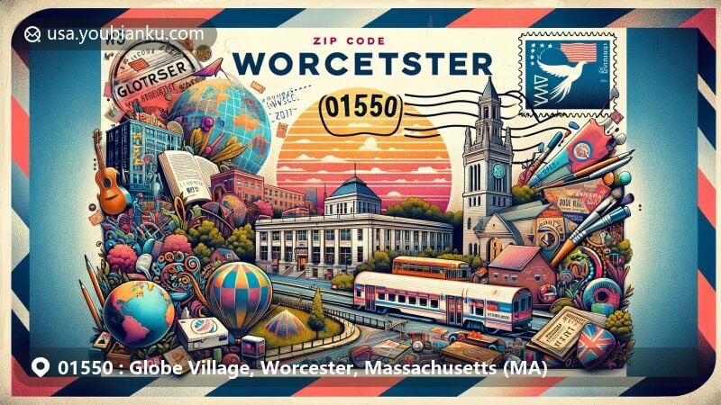 Vintage illustration of Globe Village, Worcester County, Massachusetts, showcasing postal theme with ZIP code 01550, featuring retro airmail envelope with stamps and postmarks.