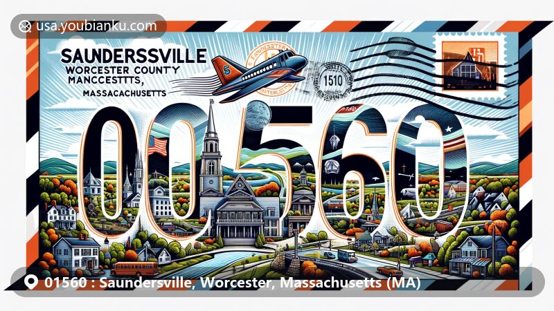 Modern illustration of Saundersville, Worcester County, Massachusetts, showcasing ZIP code 01560 with local landmarks, New England architecture, and postal elements in a vibrant and captivating design.