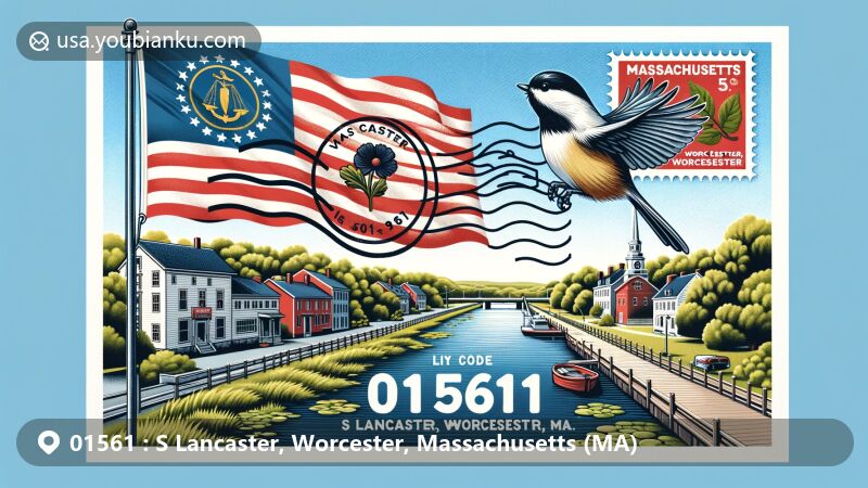 Modern illustration of S Lancaster, Worcester County, Massachusetts, featuring postal theme with ZIP code 01561, showcasing state flag, chickadee, Blackstone Canal, and New England town scene.