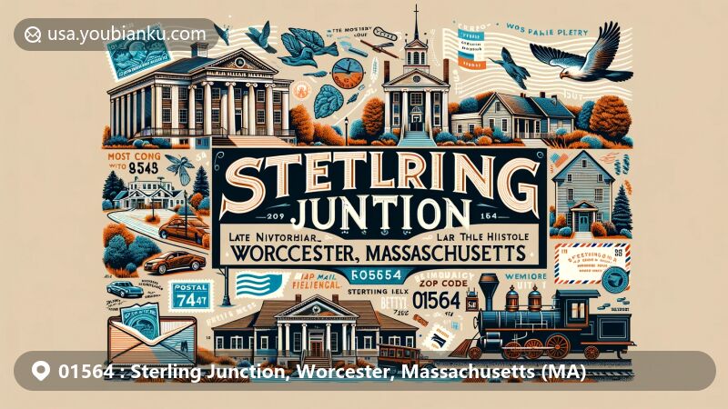 Modern illustration of Sterling Junction, Worcester, Massachusetts, featuring blend of architectural styles from Sterling Center Historic District and railroad history of Sterling Junction, including 1744 meeting-house and Butterick's paper shirt pattern, with integration of postal elements like postcard shapes and ZIP code 01564.