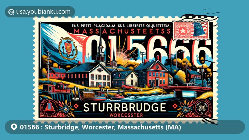 Modern illustration of Sturbridge, Worcester, Massachusetts (MA), showcasing Old Sturbridge Village, a historic educational site and museum, the Massachusetts state flag with its iconic crest and motto, and postal elements including the ZIP code 01566.