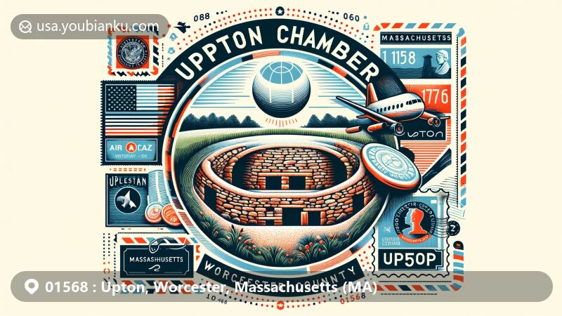 Modern illustration of the Upton Chamber in Upton, Massachusetts, featuring historic underground stone chamber, surrounded by airmail envelopes, stamps, and ZIP Code 01568, incorporating symbols of Worcester County and Massachusetts.
