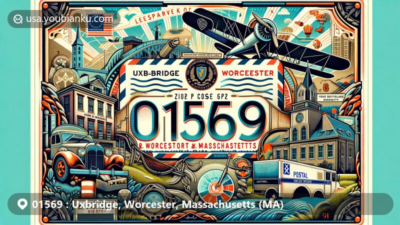 Modern illustration of Uxbridge, Worcester, Massachusetts, featuring postal theme with ZIP code 01569, showcasing Blackstone River and Canal Heritage State Park, Uxbridge Academy, and historical elements.