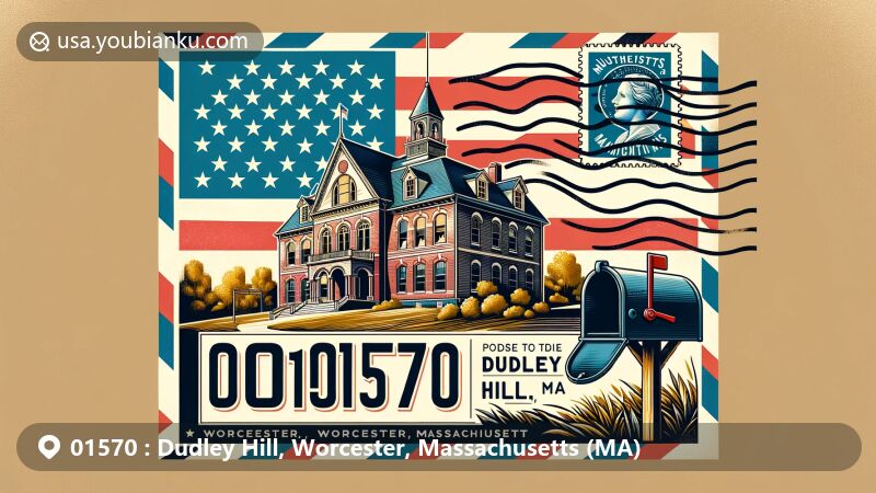 Modern illustration of Dudley Hill, Worcester, Massachusetts, postal theme with ZIP code 01570, featuring Dudley Hill Grammar School and Massachusetts state flag.