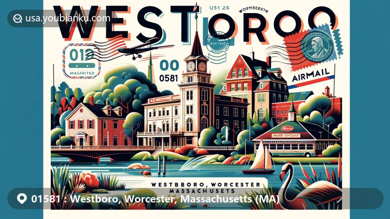 Modern illustration of Westboro, Worcester, Massachusetts, showcasing postal theme with ZIP code 01581, featuring Westborough Historical Society building, Harry’s Restaurant, Crane Swamp, Whitehall State Park, and Massachusetts state flag.