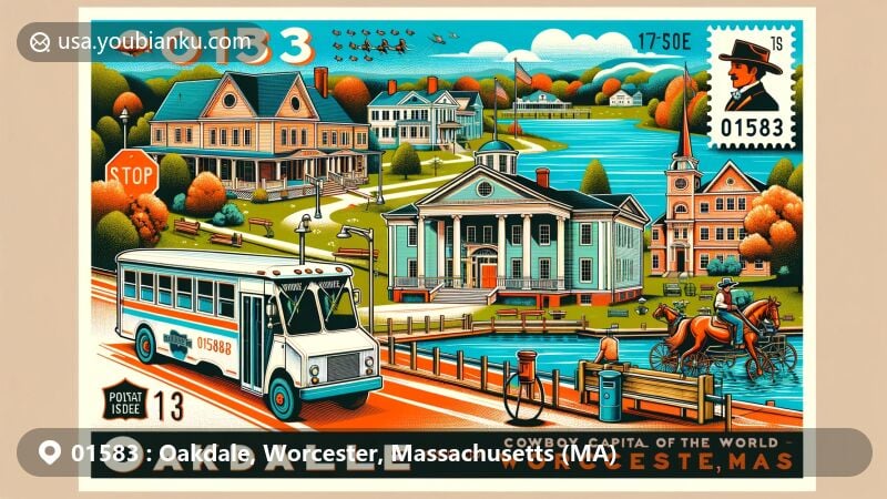 Colorful illustration of Oakdale, Worcester, Massachusetts (MA), depicting Greek Revival and Victorian-style architecture of Oakdale Village Historic District, Wachusett Reservoir scenery, and cowboy-themed elements, all with postal theme of ZIP code 01583.