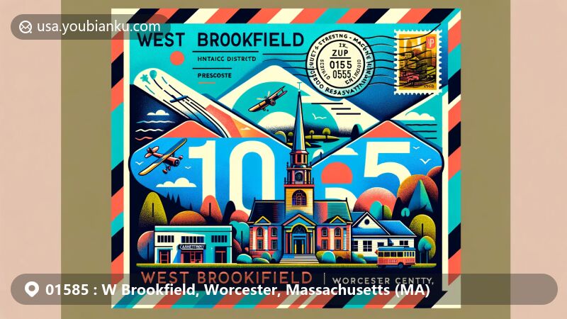 Modern illustration of West Brookfield, Worcester County, Massachusetts, showcasing postal theme with ZIP code 01585, featuring West Brookfield Center Historic District, Brookfield Cemetery, and Rock House Reservation.