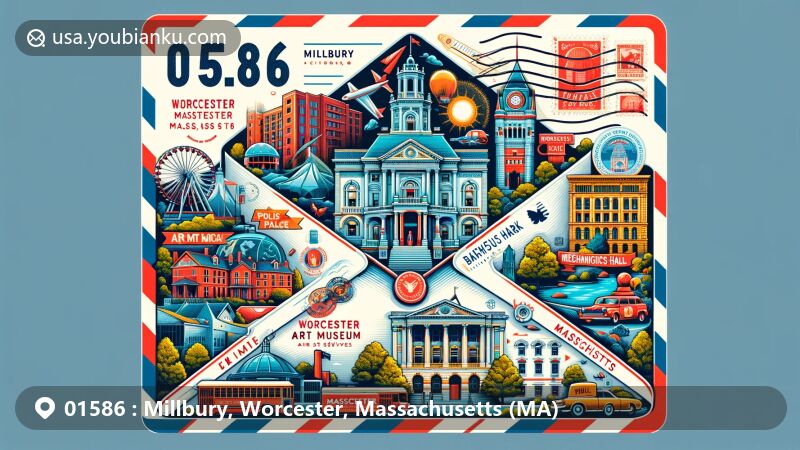 Modern illustration of Millbury, Worcester, Massachusetts, showcasing key landmarks and symbols in a creative and vibrant style, designed in the shape of an air mail envelope with postal elements and ZIP code 01586.