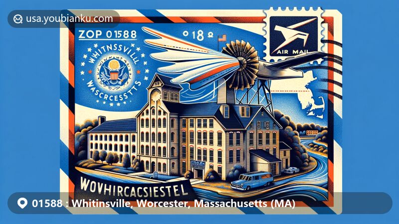 Modern illustration of Whitinsville, Worcester, Massachusetts, featuring air mail envelope design with state flag, historic mill village, Worcester County map outline, USPS stamp, and stylized ZIP code 01588.