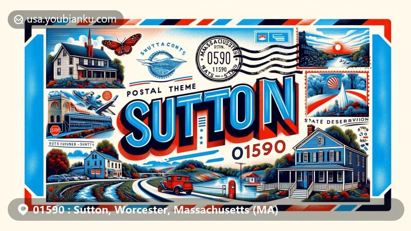 Modern illustration of Sutton, Massachusetts, showcasing postal theme with ZIP code 01590, featuring Sutton Center Historic District, Purgatory Chasm State Reservation, and iconic postal elements.