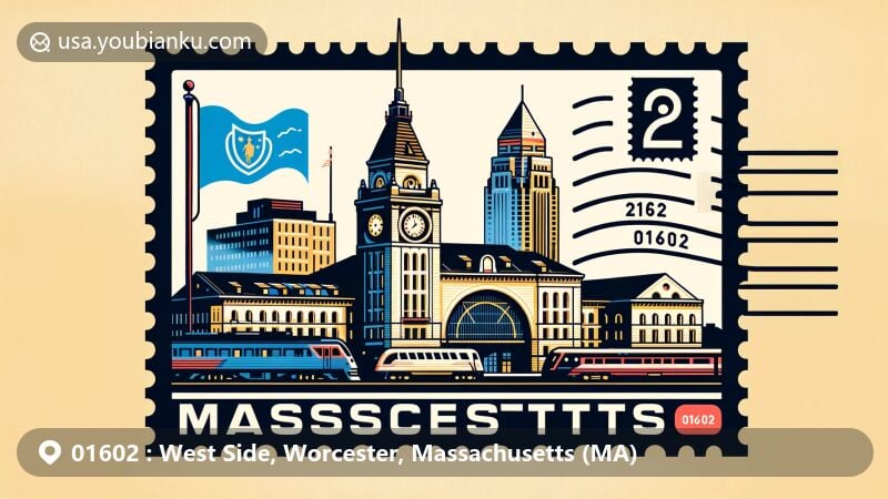 Modern illustration of West Side, Worcester, Massachusetts, highlighting postal theme with ZIP code 01602, featuring Massachusetts state flag, Union Station, Bancroft Tower, and postcard elements.