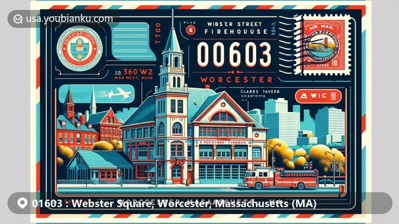 Modern illustration of Webster Square, Worcester, Massachusetts, highlighting Webster Street Firehouse and postal theme with ZIP code 01603, featuring Worcester's skyline and iconic landmarks.
