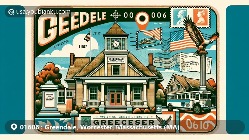 Modern illustration of Greendale, Worcester, Massachusetts, showcasing postal theme with ZIP code 01606, featuring landmarks like Greendale Village Improvement Society Building, Greendale War Memorial (Greendale Eagle), and Frances Perkins Branch Library.