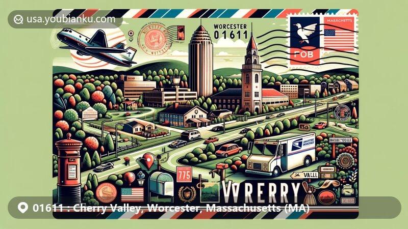 Modern illustration of Cherry Valley, Worcester County, Massachusetts, showcasing postal theme with ZIP code 01611, featuring landmarks Bancroft Tower and Massachusetts Vietnam Veterans Memorial.