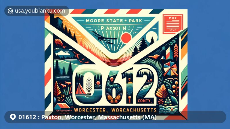 Modern illustration of Paxton, Worcester, Massachusetts, featuring airmail envelope with ZIP code 01612, showcasing Moore State Park, Worcester County silhouette, and Massachusetts state flag.