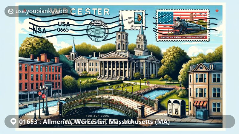 Modern illustration of Worcester, Massachusetts, featuring Elm Park's footbridges, American Antiquarian Society facade, and Vietnam War Memorial, integrating postal elements like postcard layout, Worcester Historical Museum stamp, '01653' postmark, and a classic American mailbox.