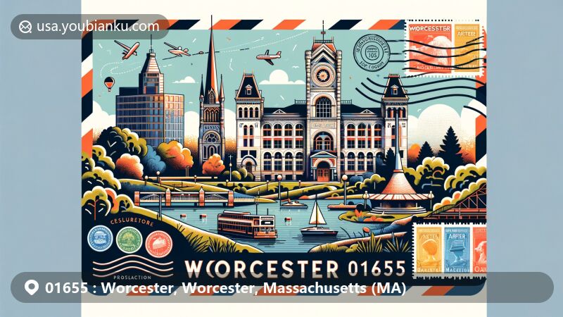 Modern illustration of Worcester, Massachusetts, highlighting landmarks like Bancroft Tower, Mechanics Hall, Elm Park, Worcester Art Museum, and Blackstone River Greenway, with postal theme including stamps, postmark, and ZIP code 01655.