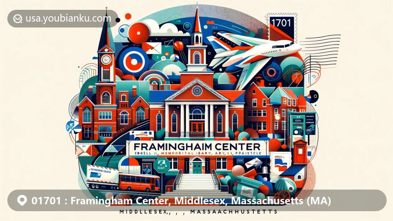 Modern illustration of Framingham Center, Middlesex, Massachusetts, highlighting historic landmarks such as Village Hall, Edgell Memorial Library, and First Parish Church, with a postal theme including airmail envelope, stamps, and postmark showcasing ZIP code 01701.