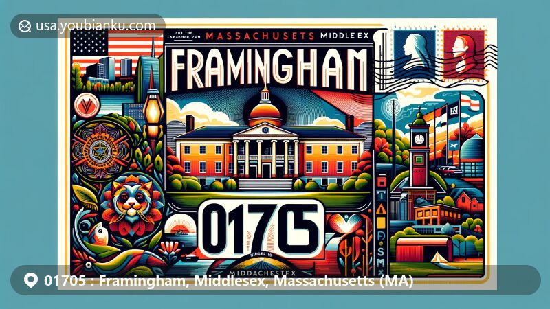 Modern illustration of Framingham, Middlesex County, Massachusetts, displaying a wide postcard design featuring Framingham Town Hall, Garden in the Woods, and Danforth Art Museum, blended with state symbols like the flag and silhouette. Postal elements include vintage stamp with ZIP code 01705, postal mark, and mailbox.
