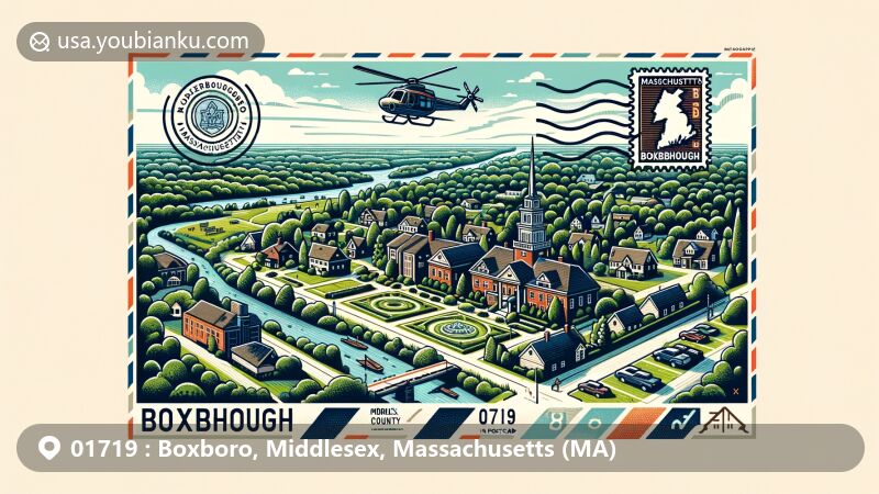 Artistic representation of Old Boxborough Train Depot, Massachusetts state flag, and postal elements in modern illustration for Boxboro, MA ZIP code 01719.