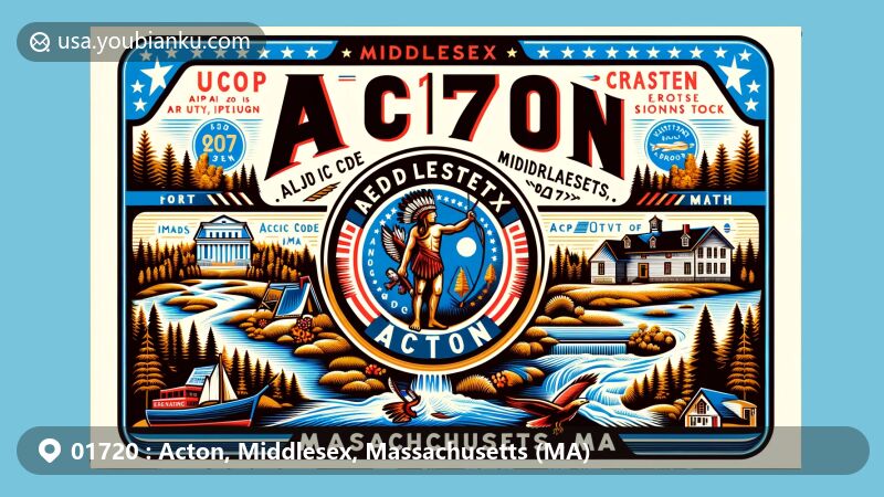 Modern illustration of Acton, Middlesex, Massachusetts, showcasing vintage airmail envelope design with ZIP code 01720, featuring MA state symbols and landmark Cullum House, incorporating natural elements of Nashoba Brook and Fort Pond Brook.