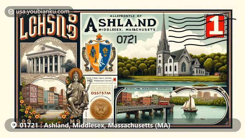 Modern illustration of Ashland, Middlesex County, Massachusetts, featuring Ashland State Park, Sri Lakshmi Temple, Stone’s Public House, and artistic representation of Lincoln Center Historic District, along with Massachusetts state flag and vintage postal elements.