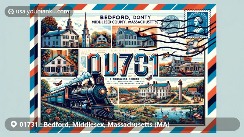 Modern illustration of Bedford, Middlesex County, Massachusetts, representing ZIP code 01731, featuring B&M Railroad Car, Josiah Nelson House Site, Paul Revere Capture Site, Old Belfry, and Lexington Battle Green.