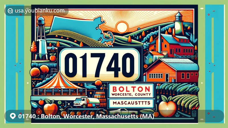 Modern illustration of Bolton, Worcester County, Massachusetts, highlighting ZIP code 01740, with iconic landmarks like Nashoba Valley Winery and Bolton Orchards, featuring Worcester County map outline and stylized Massachusetts state flag.