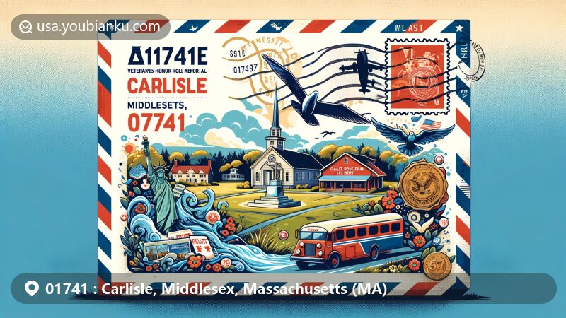 Modern illustration of Carlisle, Middlesex County, Massachusetts, capturing postal theme with ZIP code 01741, showcasing Veterans’ Honor Roll Memorial and Great Brook Farm State Park.