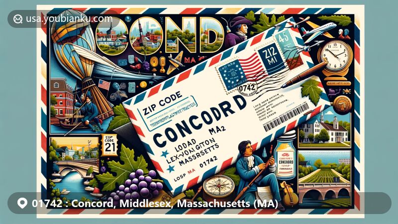 Modern illustration of Concord, Middlesex, Massachusetts, highlighting historical and literary heritage with Old North Bridge, transcendentalist writers, and Concord grapes.