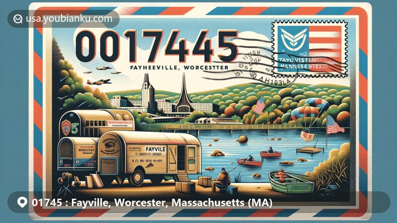 Modern illustration of Fayville, Worcester, Massachusetts, featuring a vintage-style airmail envelope with colorful depictions of local elements like the Southwest Asia War Memorial, outdoor activities, and the Massachusetts state flag, highlighting community spirit and ZIP code 01745.