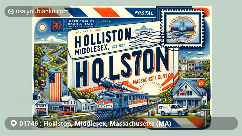 Modern illustration of Holliston, Middlesex, Massachusetts, featuring Upper Charles Rail Trail and Massachusetts state flag, with postal theme showcasing ZIP code 01746 and blending urban and natural elements.