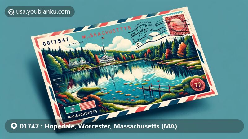 Modern illustration of Hopedale, Massachusetts, featuring Hopedale Pond and lush greenery, with postal theme including stamp, postmark, and ZIP code 01747, subtly showcasing the Massachusetts state flag.