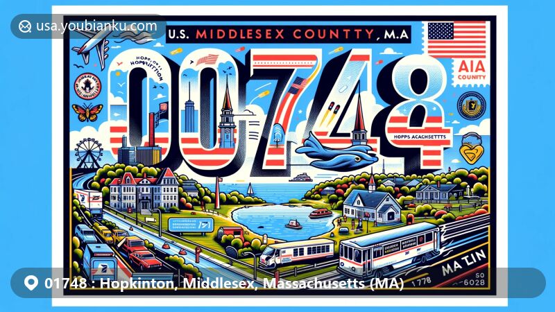 Modern illustration of Hopkinton, Middlesex County, Massachusetts, featuring ZIP code 01748, showcasing iconic Boston Marathon starting line, scenic Lake Whitehall, Middlesex County seal, Massachusetts state symbols, and American postal elements.