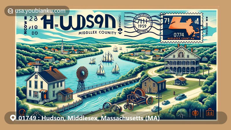 Vintage illustration of Hudson, Middlesex County, Massachusetts, with Assabet River, early mills, Goodale Homestead, and postal elements including ZIP code 01749.