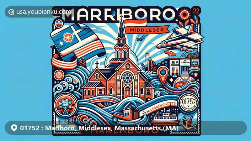 Modern illustration of Marlboro, Middlesex, Massachusetts, highlighting Saints Anargyroi Greek Orthodox Church, local arts and culture symbols, Massachusetts state flag, and Middlesex County map outline.