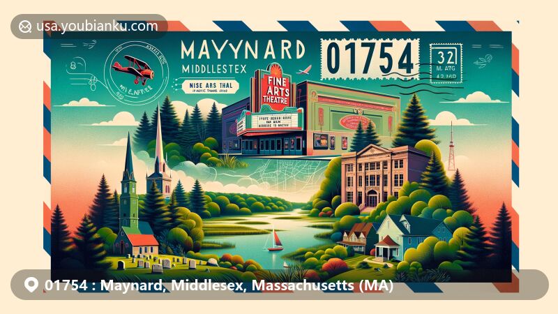 Modern illustration of Maynard, Middlesex County, Massachusetts (MA), showcasing Fine Arts Theatre and Assabet River National Wildlife Refuge, featuring Glenwood Cemetery and vintage air mail envelope with ZIP code 01754.