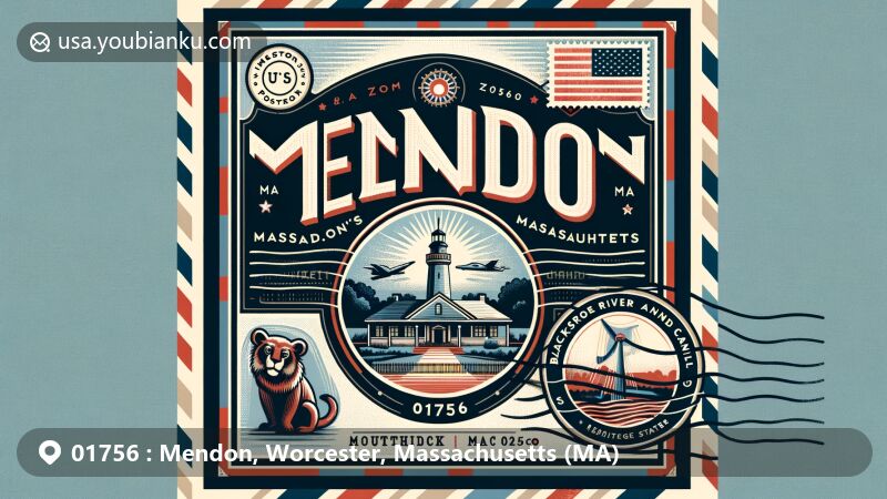 Modern illustration of Mendon, Massachusetts, showcasing postal theme with ZIP code 01756, featuring iconic landmarks like Southwick's Zoo or Blackstone River and Canal Heritage State Park. Includes postage stamp and postmark with 'Mendon, MA 01756', and American flag for cultural fusion.
