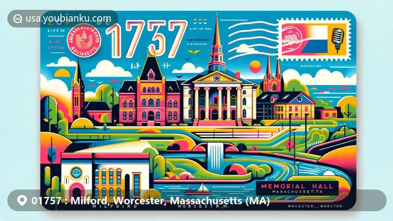 Modern illustration of Milford, Worcester County, Massachusetts, portraying Milford pink granite, Charles River, and Memorial Hall, designed in the shape of an airmail envelope with Massachusetts state symbols and ZIP code 01757.