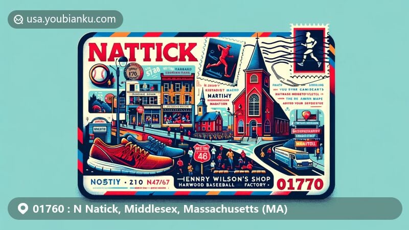 Vibrant illustration of Natick, Massachusetts, showcasing key landmarks and cultural elements like Henry Wilson's shoemaking shop, Harwood Baseball Factory, and the Boston Marathon route, along with postal theme and ZIP code 01760.