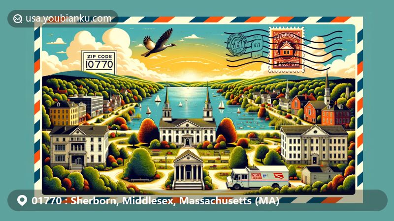 Modern illustration of Sherborn, Middlesex County, Massachusetts, capturing the serene natural beauty, historic architecture of Sherborn Center Historic District, and postal theme with ZIP code 01770.