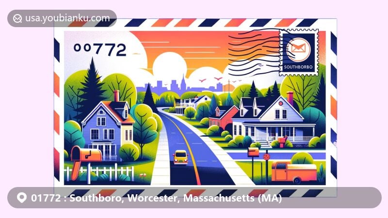 Modern illustration of Southboro, Worcester, Massachusetts, showcasing peaceful streets and New England architecture against suburban natural landscape in a vibrant airmail envelope design with postal elements and ZIP code 01772.