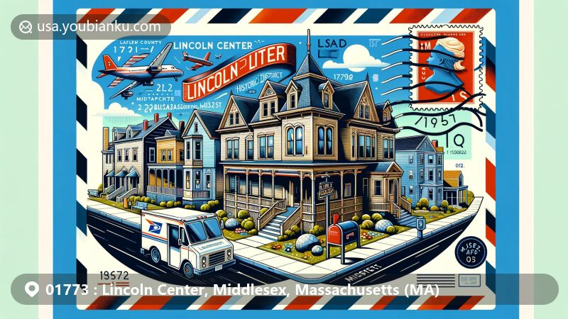 Modern illustration of Lincoln Center Historic District, Middlesex County, Massachusetts, showcasing postal theme with ZIP code 01773, featuring unique architectural style and historic ambiance.