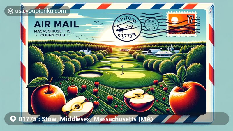 Modern illustration of Stow, Massachusetts, displaying iconic apple orchards and the country club's golf course, with postal elements like postage stamp, postmark, and ZIP code 01775.