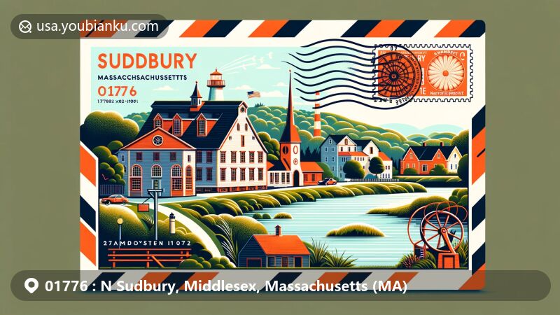 Modern illustration of Sudbury, Massachusetts, portraying colonial history with 'Longfellow's Wayside Inn' and 'Wayside Grist Mill', showcasing natural beauty at Great Meadows National Wildlife Refuge and Assabet River National Wildlife Refuge, incorporating postal elements with '01776' stamp, postmark, and classic mailbox design.